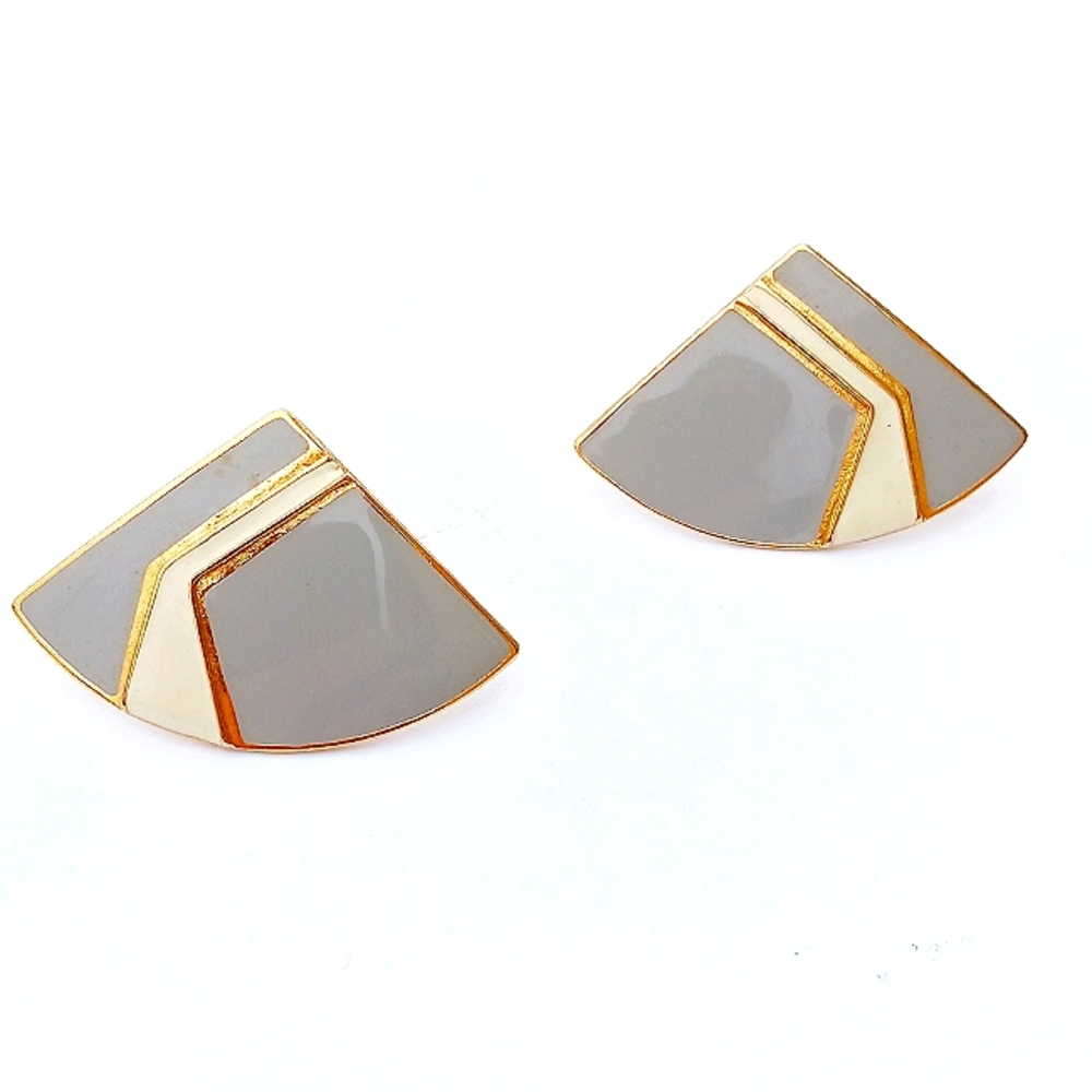 Modernist SIGNED 1980s L. BOTT EARRINGS vintage gray cream abstract